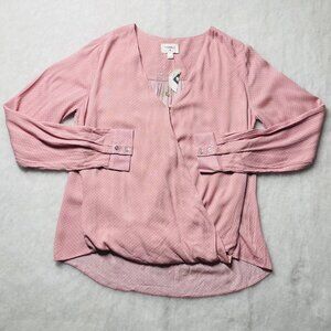 NWT Everly Womens Pink Polka Dot Long Sleeve Preppy Y2K Wrap Blouse Size Small